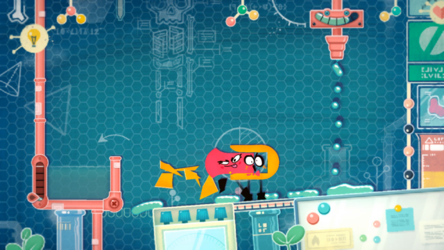 Two pills shaped things with legs stand in the middle of a lab filling with water. The pink one cuts the orange one so it fits inside. Snipperclips - SFB Games