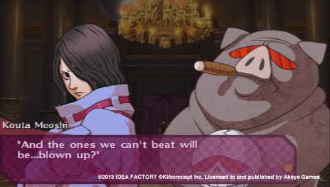 A man in a high necked blue jacket looks away from a big boar smoking a cigar with a skull around its neck. Sweet Fuse: At Your Side - Aksys Games