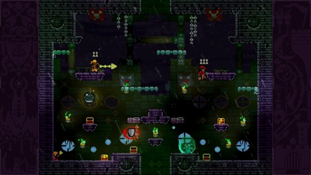Two archers are in a pixel style dungeon killing demons. Towerfall - Matt Makes Games