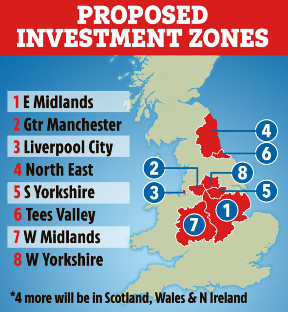 A dozen pioneering high growth Investment Zones giving tax incentives for business are being set up across the UK