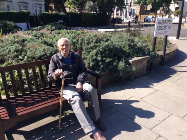 Peter on the street where he lived in London for more than 50 years after coming to the UK to fight