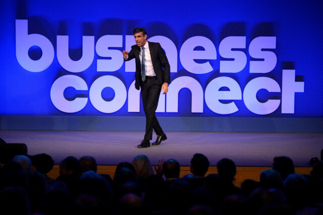 Britain's Prime Minister Rishi Sunak delivers a speech on stage as he hosts a Business Connect event in North London, April 24, 2023. Daniel Leal/Pool via REUTERS