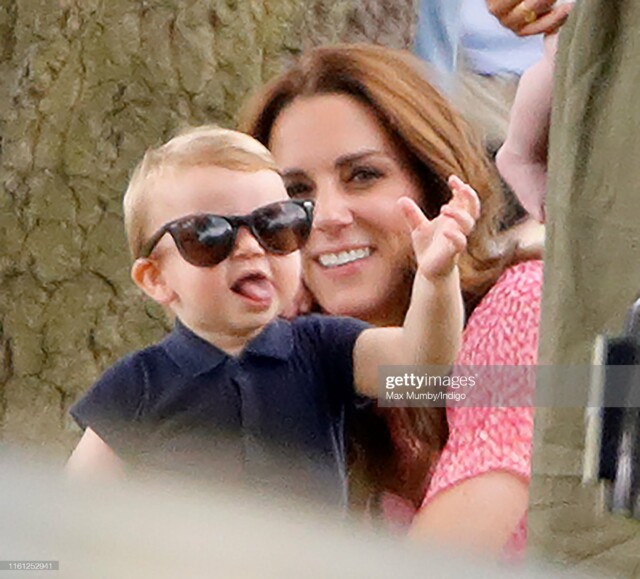 WOKINGHAM, UNITED KINGDOM - JULY 10: (EMBARGOED FOR PUBLICATION IN UK NEWSPAPERS UNTIL 24 HOURS AFTER CREATE DATE AND TIME) Prince Louis of Cambridge and Catherine, Duchess of Cambridge attend the King Power Royal Charity Polo Match, in which Prince William, Duke of Cambridge and Prince Harry, Duke of Sussex were competing for the Khun Vichai Srivaddhanaprabha Memorial Polo Trophy at Billingbear Polo Club on July 10, 2019 in Wokingham, England. (Photo by Max Mumby/Indigo/Getty Images)