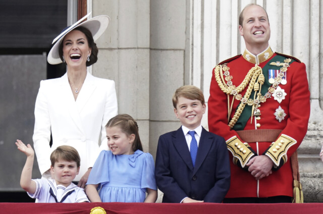 FILE - Kate, Duchess of Cambridge, Prince Louis, Princess Charlotte, Prince George, and Prince William watch from the balcony of Buckingham Place after the Trooping the Color ceremony in London, June 2, 2022, on the first of four days of celebrations to mark the Platinum Jubilee. Kate, the Princess of Wales will celebrate her 41st on Monday, Jan. 9, 2023. (Aaron Chown/Pool Photo via AP, File)