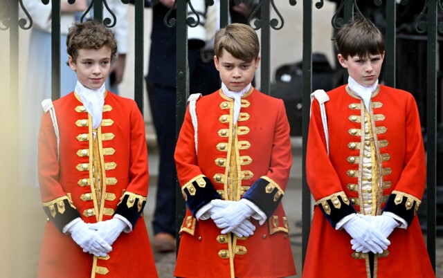 Prince George, nine, travelled separately from his family to the Abbey, with other Pages of Honour from Buckingham Palace.