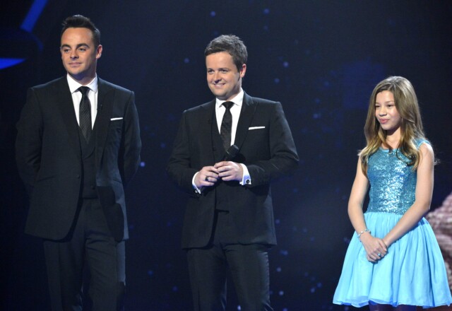 Editorial use only. No book publishing...Mandatory Credit: Photo by Ken McKay/Thames/Shutterstock (1712135bk)..Ant and Dec [Anthony McPartlin, Declan Donnelly] with Molly Rainford..'Britain's Got Talent' Final, TV Programme, London, Britain - 12 May 2012