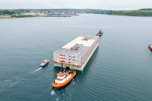 The Bibby Stockholm accommodation barge arrives into Falmouth, Cornwall, to undergo inspection