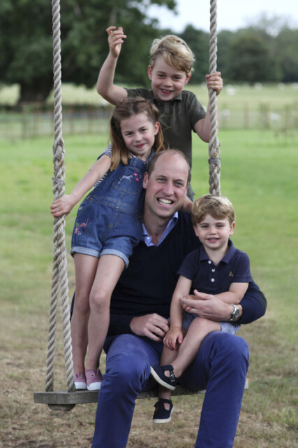 This June 2020 photo provided by the Duke and Duchess of Cambridge shows William, the Duke of Cambridge; Prince George, Princess Charlotte and Prince Louis in Norfolk, England, released on Saturday, June 20, 2020 to commemorate Williams birthday and Father's Day. He turns 38 on Sunday. (Catherine, The Duchess of Cambridge via AP)