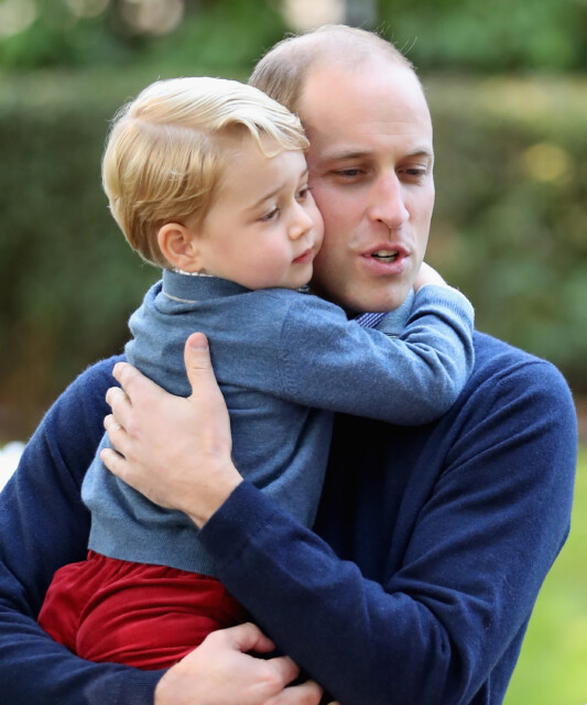 VICTORIA, BC - SEPTEMBER 29: Prince George of Cambridge with Prince William, Duke of Cambridge at a children's party for Military families during the Royal Tour of Canada on September 29, 2016 in Victoria, Canada. Prince William, Duke of Cambridge, Catherine, Duchess of Cambridge, Prince George and Princess Charlotte are visiting Canada as part of an eight day visit to the country taking in areas such as Bella Bella, Whitehorse and Kelowna (Photo by Chris Jackson - Pool/Getty Images)