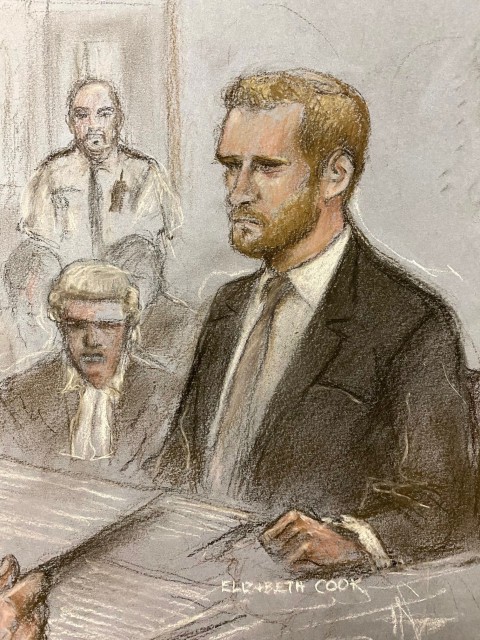 Court artist sketch by Elizabeth Cook of the Duke of Sussex giving evidence at the Rolls Buildings in central London during the phone hacking trial against Mirror Group Newspapers (MGN). A number of high-profile figures have brought claims against MGN over alleged unlawful information gathering at its titles. Picture date: Wednesday June 7, 2023. PA Photo. Claimants include the Duke of Sussex, former Coronation Street actress Nikki Sanderson, comedian Paul Whitehouse's ex-wife Fiona Wightman and actor Michael Turner. See PA story COURTS Hacking. Photo credit should read: Elizabeth Cook/PA WireWire