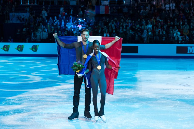 T058KH Vanessa James and Morgan Cipres from France during victory ceremony, 2019 European championships