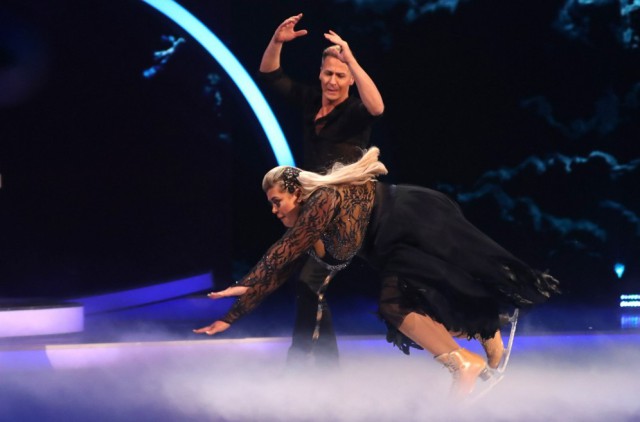 Editorial use only Mandatory Credit: Photo by Matt Frost/ITV/REX (10073862bx) Gemma Collins falling on the ice watched by Matt Evers 'Dancing on Ice' TV show, Series 11, Episode 4, Hertfordshire, UK - 27 Jan 2019